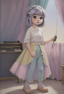 1girl,solo,looking at viewer,blush,short hair,bangs,skirt,shirt,hair ornament,holding,brown eyes,standing,collarbone,full body,white shirt,grey hair,hairband,frills,parted lips,shoes,socks,collared shirt,pants,indoors,black eyes,grey eyes,makeup,brown footwear,curtains,instrument,child,mary janes,jeans,blue pants,female child,yellow skirt,piano,bow (music),grand piano,hair bun,lips,loli,window