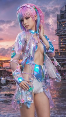 1girl,solo,long hair,breasts,short hair,bangs,long sleeves,navel,brown eyes,medium breasts,blue hair,standing,jacket,pink hair,flower,multicolored hair,cowboy shot,small breasts,outdoors,open clothes,sky,shorts,cloud,water,nail polish,open jacket,lips,see-through,hand on hip,looking to the side,short shorts,looking away,cloudy sky,goggles,building,eyewear on head,blue nails,science fiction,goggles on head,sunset,white shorts,city,realistic,nose,looking at viewer,pink eyes,two-tone hair,watermark