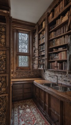 sky,day,indoors,book,no humans,window,chair,table,scenery,wooden floor,stairs,door,bookshelf,architecture,shelf,library,painting (object),carpet,tree,candle,still life,cabinet