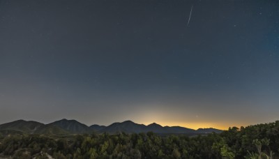 outdoors,sky,tree,no humans,night,grass,star (sky),nature,night sky,scenery,forest,starry sky,sunset,mountain,landscape,mountainous horizon,gradient sky,shooting star,cloud,sunrise,hill