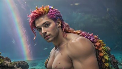 solo,long hair,looking at viewer,smile,1boy,brown eyes,jewelry,nipples,green eyes,upper body,pink hair,braid,flower,male focus,nude,multicolored hair,earrings,outdoors,sky,water,two-tone hair,lips,muscular,facial hair,leaf,piercing,thick eyebrows,pectorals,muscular male,bara,beard,freckles,large pectorals,topless male,sideburns,rock,mature male,realistic,nose,rainbow,chest hair,1girl,hair ornament,parted lips,artist name,cloud,from side,ocean,scar,ear piercing,waterfall,rainbow hair