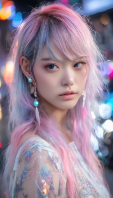 1girl,solo,long hair,looking at viewer,bangs,shirt,brown eyes,jewelry,closed mouth,upper body,pink hair,multicolored hair,earrings,artist name,blurry,black eyes,from side,lips,see-through,eyelashes,depth of field,blurry background,realistic,nose,bokeh,dress,mole,watermark,gem,portrait