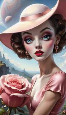 1girl,solo,breasts,looking at viewer,blush,short hair,blue eyes,brown hair,hat,dress,cleavage,jewelry,closed mouth,collarbone,upper body,flower,short sleeves,earrings,small breasts,outdoors,sky,day,artist name,cloud,blue sky,lips,eyelashes,makeup,rose,lipstick,red flower,pink dress,pink flower,eyeshadow,curly hair,sun hat,mountain,realistic,nose,red lips,pink rose,mascara,holding,medium breasts,parted lips,leaf,watermark,web address,pink shirt,holding flower,eyeliner,castle