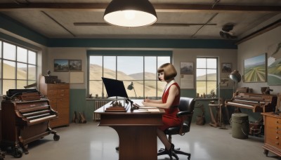 1girl,solo,short hair,bangs,brown hair,dress,holding,sitting,pantyhose,sleeveless,day,indoors,from side,cup,book,window,profile,sleeveless dress,shadow,chair,red dress,table,bob cut,plant,scenery,desk,paper,pen,potted plant,lamp,wide shot,drawer,radio,desk lamp,brown eyes,high heels,lipstick,computer,painting (object),office chair,office