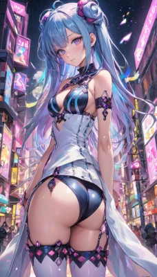 1girl,solo,long hair,breasts,looking at viewer,blush,bangs,blue eyes,thighhighs,dress,cleavage,bare shoulders,medium breasts,closed mouth,underwear,blue hair,standing,purple eyes,panties,ass,ahoge,sidelocks,thighs,multicolored hair,cowboy shot,outdoors,sky,sleeveless,looking back,hair bun,from behind,white dress,white thighhighs,leotard,black panties,bare arms,clothing cutout,double bun,night,sleeveless dress,garter straps,cleavage cutout,building,star (sky),night sky,armlet,starry sky,city,cityscape,arm strap,shirt,hair ornament,very long hair,white shirt,multiple boys,solo focus,shiny,two-tone hair,shiny skin,skindentation,scrunchie,armband,hair scrunchie,shiny clothes,twisted torso,crowd,neon lights