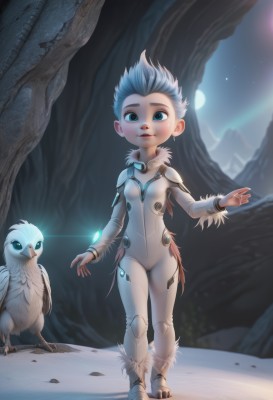 1girl,solo,breasts,looking at viewer,smile,short hair,blue eyes,blue hair,standing,full body,white hair,small breasts,outdoors,parted lips,tree,fur trim,bodysuit,night,glowing,bird,animal,moon,feathers,child,night sky,snow,backlighting,white bodysuit,owl,talons,sky,artist name,aged down,spiked hair,ice,mountain,male child