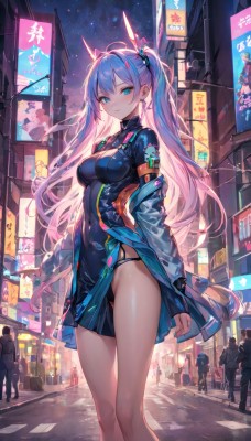 1girl,long hair,breasts,looking at viewer,blush,bangs,blue eyes,long sleeves,dress,twintails,medium breasts,very long hair,closed mouth,underwear,blue hair,standing,panties,jacket,pink hair,sidelocks,thighs,multicolored hair,outdoors,multiple boys,open clothes,sky,solo focus,off shoulder,black dress,aqua eyes,leotard,see-through,black panties,bare legs,bodysuit,covered navel,night,feet out of frame,headgear,highleg,building,star (sky),night sky,skin tight,starry sky,impossible clothes,city,crowd,solo,large breasts,hair ornament,jewelry,ahoge,earrings,horns,nail polish,two-tone hair,open jacket,streaked hair,sleeves past wrists,short dress,x hair ornament,pelvic curtain,road,lamppost,street,impossible dress,crosswalk