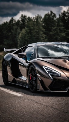 outdoors,sky,cloud,blurry,tree,no humans,cloudy sky,ground vehicle,motor vehicle,car,road,vehicle focus,sports car,solo,nature,forest,wheel