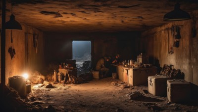 indoors,cup,no humans,chair,table,bottle,box,scenery,light,lamp,cave,1boy,sitting,dark