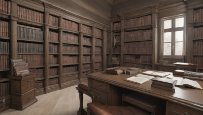 day,indoors,book,no humans,window,chair,table,sunlight,scenery,desk,wooden floor,paper,bookshelf,pen,book stack,library,ladder,open book