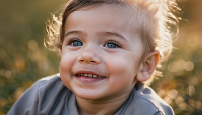 1girl,solo,looking at viewer,smile,short hair,open mouth,blue eyes,blonde hair,teeth,blurry,lips,depth of field,blurry background,child,portrait,realistic,nose,bokeh,1boy,male focus,eyelashes