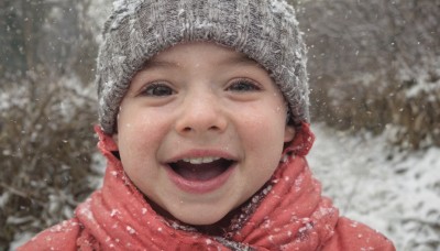 solo,looking at viewer,smile,open mouth,1boy,hat,:d,male focus,outdoors,teeth,scarf,blurry,black eyes,tree,blurry background,upper teeth only,portrait,nature,snow,red scarf,snowing,realistic,beanie,winter,black hair,tongue,coat,close-up,winter clothes