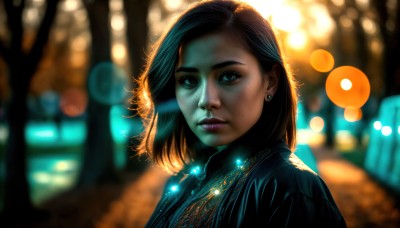 HQ,1girl,solo,looking at viewer,short hair,blue eyes,brown hair,black hair,jewelry,upper body,earrings,outdoors,medium hair,necklace,mole,blurry,lips,makeup,depth of field,blurry background,lipstick,freckles,realistic,nose,bokeh,long hair,parted lips,tree,eyelashes,night,watermark,portrait,backlighting,city lights