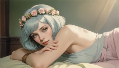 1girl,solo,breasts,looking at viewer,smile,short hair,bangs,blue eyes,large breasts,shirt,hair ornament,cleavage,bare shoulders,jewelry,medium breasts,closed mouth,blue hair,upper body,flower,lying,sleeveless,artist name,indoors,hair flower,bracelet,from side,lips,fingernails,eyelashes,bed,sideboob,rose,bed sheet,on bed,crossed arms,on stomach,curtains,pink flower,armlet,pink lips,realistic,nose,head wreath,pink rose,flower wreath,dress,aqua eyes,on side,pink dress