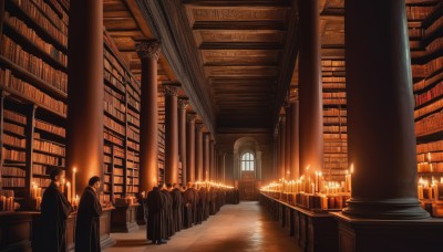 hat,multiple boys,indoors,book,window,chair,curtains,scenery,robe,stairs,bookshelf,candle,pillar,library,candlestand,chandelier,1girl,black hair,1boy,church,black robe