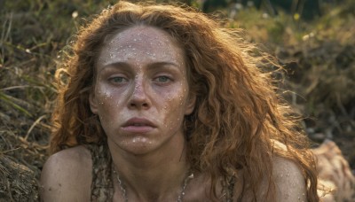 1girl,solo,long hair,looking at viewer,blonde hair,brown hair,bare shoulders,jewelry,green eyes,upper body,outdoors,parted lips,signature,necklace,blurry,lips,wet,blurry background,wavy hair,sunlight,messy hair,portrait,nature,freckles,realistic,nose,dirty,tribal,depth of field,grass,looking up,dirty face,dirty feet