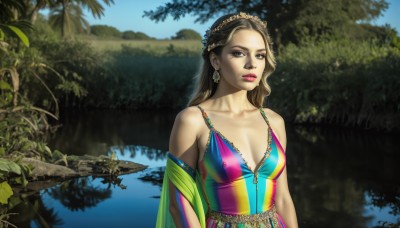 HQ,1girl,solo,long hair,breasts,looking at viewer,brown hair,hair ornament,dress,cleavage,bare shoulders,brown eyes,jewelry,medium breasts,collarbone,upper body,earrings,small breasts,outdoors,day,water,tree,lips,makeup,lipstick,nature,multicolored clothes,forest,realistic,nose,lake,multicolored stripes,leaf,plant,scenery,multicolored dress