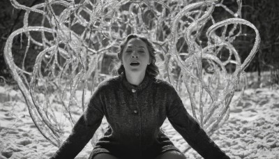 1girl,solo,open mouth,shirt,long sleeves,monochrome,closed eyes,greyscale,outdoors,shorts,teeth,blurry,tree,buttons,from below,all fours,facing viewer,photo background,looking at viewer,short hair,jewelry,sitting,nature,tentacles,forest,realistic,horror (theme)