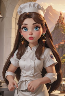 1girl,solo,long hair,breasts,looking at viewer,blush,smile,blue eyes,brown hair,hat,holding,jewelry,very long hair,closed mouth,upper body,short sleeves,earrings,small breasts,outdoors,sky,indoors,apron,lips,eyelashes,makeup,buttons,white headwear,knife,building,forehead,freckles,mountain,glint,spoon,fork,red lips,double-breasted,holding knife,holding fork,chef hat,chef,bangs,dress,wrist cuffs,thick eyebrows,lipstick,nose,cooking,castle,ladle,kitchen,holding ladle