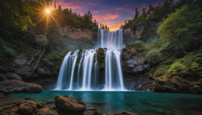 outdoors, sky, cloud, water, tree, no humans, nature, scenery, forest, sunset, rock, mountain, sun, river, waterfall, cliff