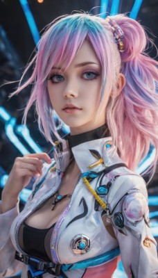 1girl,solo,long hair,breasts,looking at viewer,bangs,blue eyes,hair ornament,long sleeves,cleavage,jewelry,medium breasts,jacket,upper body,ponytail,pink hair,multicolored hair,parted lips,open clothes,choker,artist name,hand up,necklace,blurry,two-tone hair,lips,eyelashes,makeup,blurry background,swept bangs,white jacket,zipper,science fiction,high collar,realistic,nose,zipper pull tab,blue hair,earrings,open jacket,fingernails,bodysuit,eyeshadow,emblem,unzipped,eyeliner,mascara