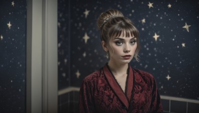 1girl,solo,looking at viewer,bangs,brown hair,black hair,dress,brown eyes,jewelry,closed mouth,upper body,earrings,sky,hair bun,star (symbol),lips,makeup,night,red dress,single hair bun,lipstick,star (sky),night sky,starry sky,realistic,railing,red lips,hair ornament,window