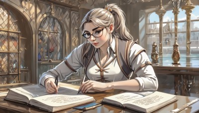 1girl,solo,long hair,breasts,looking at viewer,smile,blue eyes,blonde hair,shirt,hair ornament,long sleeves,holding,cleavage,medium breasts,sitting,closed mouth,white shirt,upper body,ponytail,grey hair,glasses,day,collared shirt,indoors,vest,lips,grey eyes,book,window,table,desk,sleeves rolled up,black-framed eyewear,paper,open book,nose,round eyewear,bookshelf,pen,reading,lamp,candle,book stack,quill,blush,bangs,brown hair,brown eyes,white hair,parted lips,sky,artist name,signature,water,mole,cup,dress shirt,chair,thick eyebrows,pink lips,hair tie,holding pen,orange ribbon,wooden table