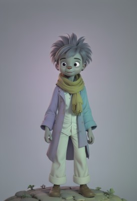 solo,looking at viewer,smile,simple background,black hair,1boy,standing,full body,male focus,shoes,pants,grey background,scarf,coat,colored skin,child,male child,green skin,yellow scarf,faux figurine,boots,artist name,watermark,web address,furry,furry male,grey skin,buck teeth