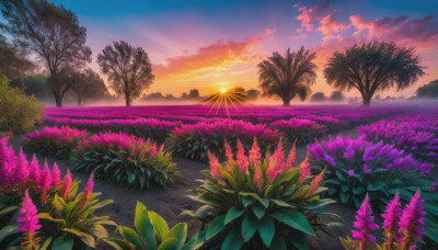 flower, outdoors, sky, cloud, tree, no humans, cloudy sky, grass, plant, nature, scenery, sunset, purple flower, sun, road, field, landscape, path