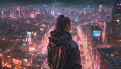 1girl, solo, black hair, jewelry, jacket, upper body, earrings, outdoors, hood, from behind, night, hood down, building, scenery, rain, city, sign, cityscape, city lights, cyberpunk, neon lights