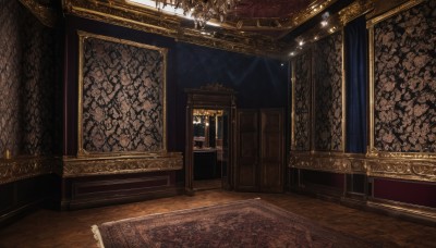 indoors,no humans,window,night,scenery,wooden floor,stairs,door,light,candle,painting (object),carpet,candlestand,rug,chandelier,fireplace,sunlight,light rays,pillar,throne,still life