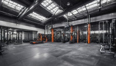 monochrome,greyscale,indoors,no humans,window,chair,scenery,tile floor,ceiling,ceiling light,train station,reflective floor,science fiction,tiles,industrial pipe