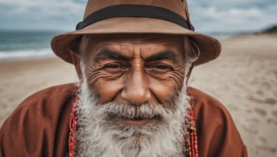 solo,looking at viewer,shirt,1boy,hat,jewelry,closed mouth,upper body,white hair,grey hair,male focus,outdoors,sky,day,necklace,blurry,black eyes,blurry background,facial hair,beach,portrait,beard,meme,realistic,mustache,sand,brown headwear,old,old man,wrinkled skin,smile,ribbon,closed eyes,pointy ears,blue sky,depth of field,ocean,facing viewer,manly