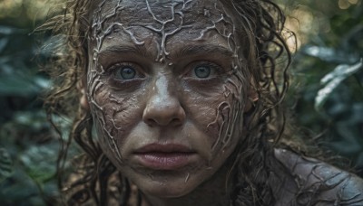 1girl,solo,long hair,looking at viewer,blue eyes,brown hair,closed mouth,green eyes,blurry,lips,depth of field,blurry background,portrait,close-up,realistic,blonde hair,eyelashes,expressionless,plant,nose