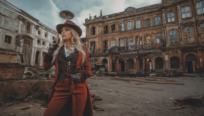 1girl,solo,long hair,breasts,blue eyes,blonde hair,shirt,gloves,long sleeves,hat,holding,jewelry,standing,white shirt,weapon,outdoors,sky,day,black gloves,pants,sword,cloud,lips,coat,gun,looking to the side,makeup,looking away,cloudy sky,ground vehicle,building,scenery,smoke,realistic,brown headwear,red lips,watercraft,looking afar,red pants,red coat,cigar,jacket,white hair,cowboy shot,earrings,collared shirt,belt,fingerless gloves,necklace,vest,window,dress shirt,buttons,lipstick,holding gun,motor vehicle,rifle,black vest,city,sign,nose,car,road,leather,lamppost,long coat,street,cowboy hat,barrel,pavement