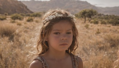 1girl,solo,long hair,looking at viewer,brown hair,bare shoulders,brown eyes,closed mouth,upper body,flower,outdoors,day,artist name,signature,blurry,lips,depth of field,blurry background,portrait,veil,freckles,mountain,realistic,head wreath,field,dress,sky,tree,nature,wheat