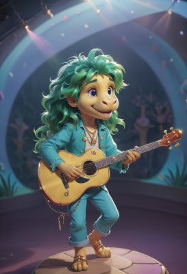 solo,long hair,smile,open mouth,1boy,holding,jewelry,standing,purple eyes,jacket,full body,male focus,green hair,pants,dark skin,necklace,bracelet,sandals,messy hair,instrument,furry,music,blue pants,guitar,playing instrument,holding instrument,1girl,shirt,long sleeves,white shirt,earrings,denim,blue jacket,freckles,jeans,animal nose,snout,denim jacket