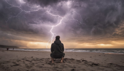 solo, black hair, 1boy, male focus, outdoors, sky, barefoot, cloud, from behind, dutch angle, ocean, beach, squatting, cloudy sky, sand, lightning