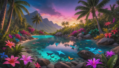 flower, outdoors, sky, cloud, water, tree, no humans, night, bug, butterfly, star (sky), nature, scenery, starry sky, reflection, fish, sunset, rock, palm tree