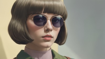 1girl,solo,looking at viewer,short hair,bangs,brown hair,brown eyes,jacket,parted lips,glasses,shiny,blunt bangs,black eyes,sweater,lips,makeup,shadow,turtleneck,sunglasses,bob cut,portrait,turtleneck sweater,realistic,nose,mole,mole under eye,close-up,pink sweater