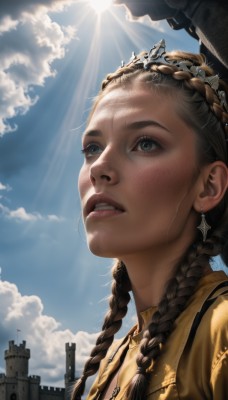 1girl,solo,long hair,open mouth,blue eyes,brown hair,hair ornament,jewelry,upper body,braid,earrings,outdoors,parted lips,sky,teeth,day,cloud,twin braids,blue sky,lips,eyelashes,sunlight,cloudy sky,looking up,building,portrait,freckles,light rays,realistic,nose,sun,looking afar,castle,multiple braids,necklace,tower