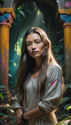 1girl,solo,long hair,breasts,looking at viewer,brown hair,shirt,black hair,brown eyes,jewelry,closed mouth,upper body,outdoors,blurry,black eyes,bracelet,lips,leaf,sunlight,plant,nature,sleeves rolled up,watch,realistic,nose,wristwatch,pillar,sleeves pushed up,sleeves past elbows,dress,cleavage,mole,dirty