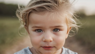 1girl,solo,looking at viewer,short hair,blonde hair,brown hair,brown eyes,closed mouth,hairband,blurry,lips,eyelashes,floating hair,depth of field,blurry background,wind,portrait,close-up,realistic,nose,straight-on,expressionless