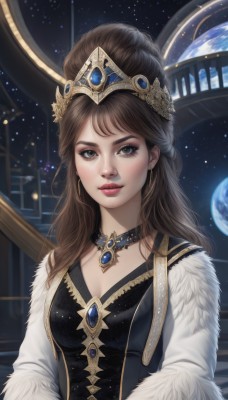 1girl,solo,long hair,breasts,looking at viewer,brown hair,dress,cleavage,brown eyes,jewelry,medium breasts,upper body,earrings,parted lips,sky,choker,necklace,hair bun,black dress,lips,fur trim,eyelashes,makeup,watermark,tiara,crown,lipstick,gem,star (sky),eyeshadow,starry sky,realistic,nose,red lips,space,planet,earth (planet),bangs,artist name,fur