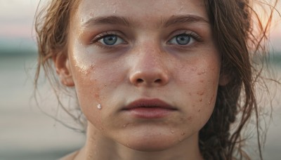 1girl,solo,long hair,looking at viewer,blue eyes,brown hair,closed mouth,blurry,lips,wet,grey eyes,depth of field,blurry background,portrait,close-up,freckles,realistic,nose,wet hair,sweat,outdoors,eyelashes,expressionless,messy hair,dirty,dirty face