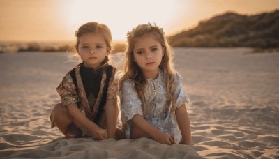 1girl,long hair,looking at viewer,blue eyes,multiple girls,blonde hair,brown hair,shirt,1boy,dress,2girls,brown eyes,sitting,closed mouth,short sleeves,outdoors,sky,water,white dress,blurry,lips,depth of field,blurry background,blue dress,siblings,ocean,beach,sisters,child,sunset,twins,realistic,brother and sister,head wreath,jewelry,expressionless,sunlight,squatting,ring,backlighting,curly hair,sun,horizon,dirty,shore