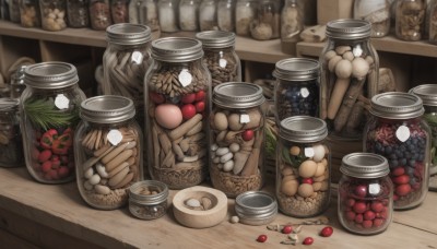 food,indoors,cup,no humans,fruit,bottle,apple,basket,mushroom,bread,egg,shelf,grapes,food focus,jar,leaf,shop,still life,acorn