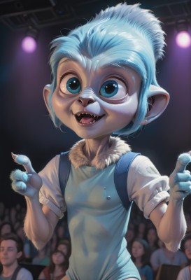 1girl,looking at viewer,smile,short hair,open mouth,blue eyes,shirt,animal ears,blue hair,white shirt,upper body,short sleeves,:d,multiple boys,teeth,solo focus,pointy ears,blurry,blurry background,fangs,sharp teeth,child,claws,furry,furry female,body fur,fur,crowd,vest,fingernails,pointing,monster girl,genderswap,genderswap (mtf),fur collar,blue vest,people