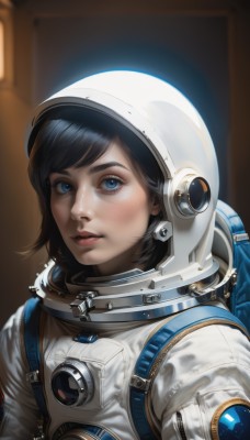 1girl,solo,looking at viewer,short hair,bangs,blue eyes,black hair,closed mouth,upper body,artist name,signature,lips,eyelashes,swept bangs,helmet,realistic,nose,spacesuit,space helmet,astronaut,blush,parted lips,blurry,makeup,blurry background,moon,backpack,portrait,space