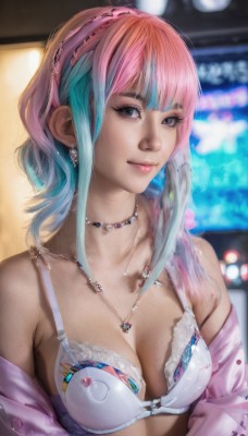 1girl,solo,breasts,looking at viewer,smile,bangs,cleavage,bare shoulders,jewelry,medium breasts,closed mouth,underwear,blue hair,collarbone,jacket,upper body,pink hair,sidelocks,multicolored hair,hairband,earrings,open clothes,medium hair,necklace,off shoulder,bra,blurry,black eyes,two-tone hair,lips,grey eyes,eyelashes,aqua hair,gradient hair,makeup,depth of field,blurry background,watermark,lace,web address,eyeshadow,white bra,realistic,nose,lace-trimmed bra,mascara,long hair,artist name,signature,pink lips,eyeliner,bokeh